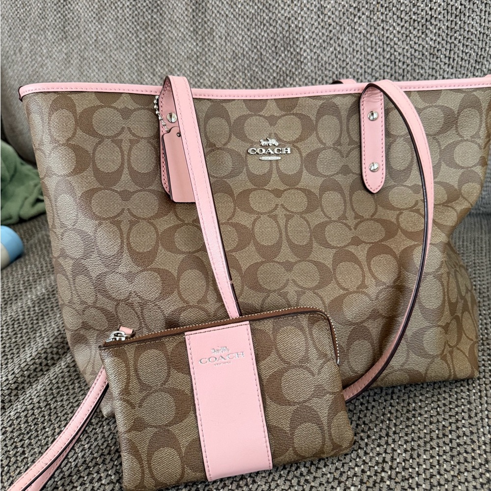 Coach Signature Canvas Tote with Pink Leather Trim - Picture 2 of 4